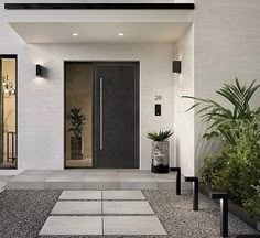 the entrance to a modern home with potted plants