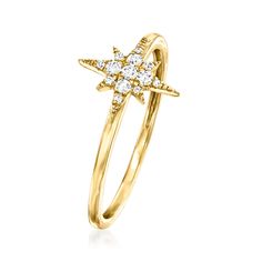 Ross-Simons - .10 ct. t. w. Diamond North Star Ring in 14kt Yellow Gold. Size 7. RS Pure. Modern designs that complete your outfit and complement your personality. Let our dainty design guide you towards great style! .10 ct. t. w. round diamonds decorate this chic North Star ring. Wear it solo or as the stand-out style in your everyday stacks. Crafted in polished 14kt yellow gold. 3/8" wide. Diamond North Star ring. Diamond birthstones are the perfect gift for April birthdays. North Star Ring, April Birthday, Diamond Birthstone, Yellow Gold Jewelry, Jewelry Essentials, Bare Necessities, Design Guide, Star Ring, Ring Diamond