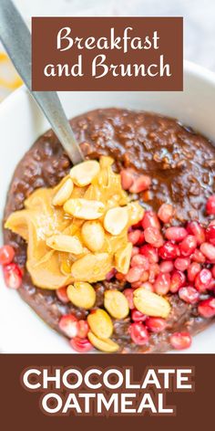 chocolate oatmeal with nuts and cranberries in a bowl