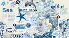 an ocean themed collage with dolphin, sea shells, and other marine creatures in shades of blue