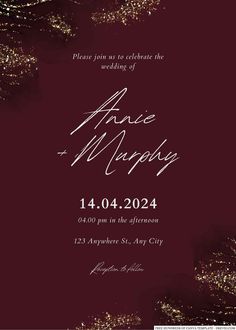 an elegant wedding card with gold glitters on the dark red background and white lettering