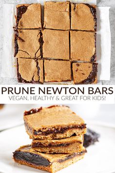 some brownies are stacked on top of each other and the words prune newton bars above them