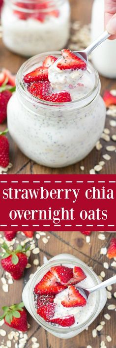 strawberry chai overnight oats in jars with strawberries