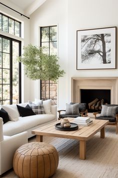 a living room filled with furniture and a fire place in front of a large window