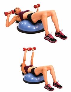 a woman is doing exercises on an exercise ball