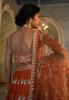 Orange Silk Dupatta For Reception, Designer Wear Orange Choli With Intricate Embroidery, Designer Orange Choli With Intricate Embroidery, Festive Orange Set With Sheer Dupatta, Designer Wear Orange Silk Lehenga, Orange Silk Lehenga For Designer Wear, Designer Orange Silk Lehenga, Orange Cutdana Sets For Reception, Silk Lehenga With Resham Embroidery In Orange