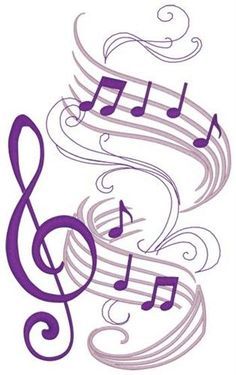 an illustration of music notes with swirls and trebles in purple on a white background