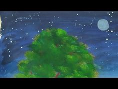 a painting of a green tree in the night sky with stars and moon behind it