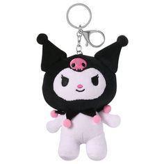 a key chain with a black and white stuffed animal on it's back end