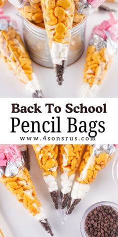 back to school pencil bags with chocolate chips and candy sticks in them on a white surface