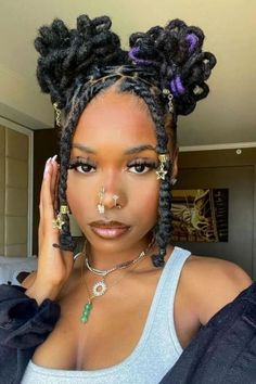 Twist Braids With Beads And Petal Space Buns Medium Size Loc Styles Women, Beads In Locs Hairstyles, Loc Styles Female, Two Buns With Locs, Holiday Hairstyles For Locs, Two Bun Loc Styles For Women, Hairstyle For Locks, Petal Hairstyle For Locs, Loc Petal Bun With Bangs