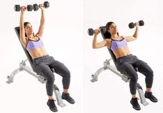 a woman doing a bench press with dumbbells