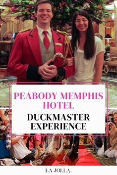 Uniformed hotel staff member in distinctive red jacket poses alongside guest, while famous resident ducks parade along carpeted walkway during signature hotel tradition. Memphis Hotels, Save For Later, Travel Bucket List, Travel Bucket, See More, Travel Destinations, Bucket List, Need To Know, Tap