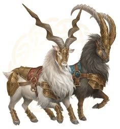 two goats with long horns are standing next to each other