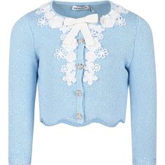 Color: Sky blue Sky blue knit cardigan, scalloped hem, flower-shaped button closure with rhinestones, long sleeves. It is decorated with white macramé lace flowers, white bow and sequins. 72% Polyester. 22% Cotton. 6% Wool. Blue Knit Cardigan, Portrait Color, Macrame Lace, Beaded Sweater, Chic Party, Flowers White, Kenzo Kids, White Bow, Stella Mccartney Kids