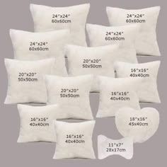 white dog bone shaped pillows are shown with measurements for each pillow, and the size