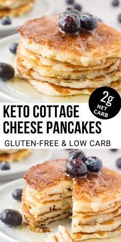 keto cottage pancakes with blueberries on top and the text overlay reads, keto cottage pancakes gluten - free & low carb