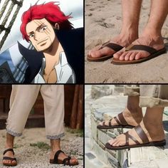 four different pictures of men's sandals, one with red hair and the other with blue eyes