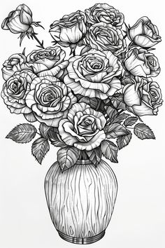 black and white drawing of roses in a vase