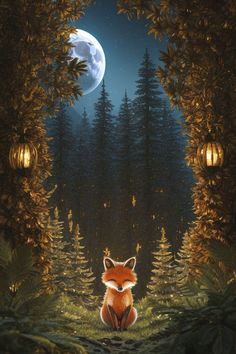 a painting of a fox sitting in the middle of a forest at night with lanterns