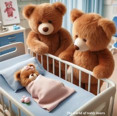 two teddy bears sitting next to each other in a crib