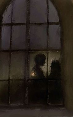 a painting of two people standing in front of a window