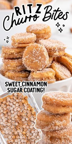 sweet cinnamon sugar coated cookies are stacked on top of each other with the words ritzy bites above them