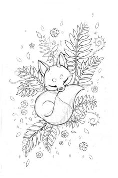 a drawing of a sleeping fox surrounded by leaves and flowers