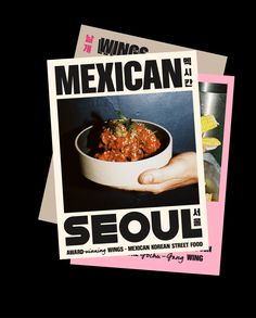 an advertisement for a mexican restaurant is shown in two different colors and font options, with the image of a hand holding a bowl of food