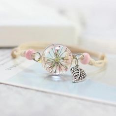 Vintage Charm Bracelet, Ball Bracelet, Glass Bracelet, Glass Beaded Bracelets, Leaf Charms, Flower Bracelet, Pink Bracelet, Ceramic Beads