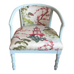 Mid-Century Chinoiserie Blue Upholstered Chair | Chairish Chinoiserie Living Room, Blue Upholstered Chair, Light Blue Paint, Primitive Dining Rooms, Paint Upholstery, Upholstered Office Chair, Bamboo Print, Chinoiserie Blue