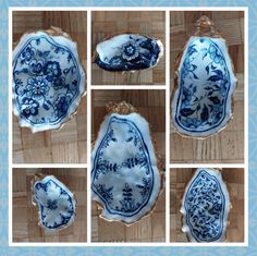 blue and white dishes are arranged on a wooden surface with floral designs in the center