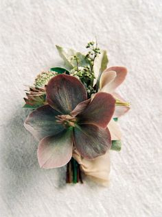 a boutonniere with pink flowers and greenery on it sitting on a white surface