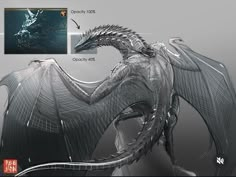 an artistic rendering of a dragon with wings spread out, and two images above it