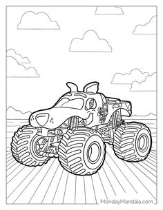 the cartoon monster truck is driving through the sky with clouds in the background coloring page