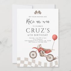 a birthday party card with a dirt bike and balloon on it's back, in white