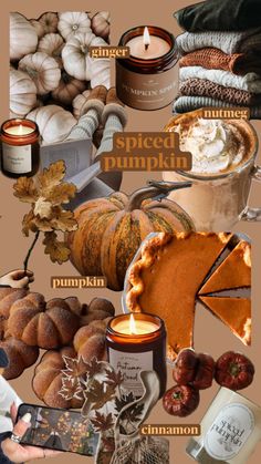 a collage of pumpkins, candles and other items