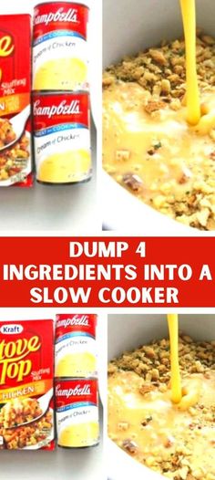 collage of images showing how to make dump 4 ingredients into a slow cooker