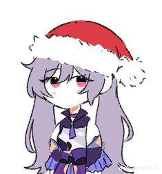 a drawing of a girl wearing a santa hat with long hair and purple dress on