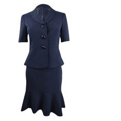 Style: Skirt Suit Size Type: Petites 97% Polyester/3% Elastane Dry Clean Short Sleeve Fitted Blue Office Wear Sets, Elegant Fitted Short Sleeve Set, Fitted Blue Skirt Suit For Office, Navy Fitted Knee-length Skirt, Blue Fitted Skirt Suit For Office, Fitted Blue Skirt Suit For Semi-formal Occasions, Chic Fitted Knee-length Skirt Suit, Elegant Fitted Knee-length Skirt Suit, Elegant Fitted Knee-length Sets