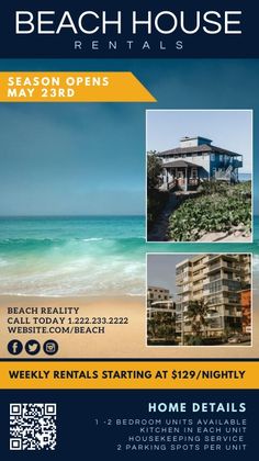 the beach house rental flyer is shown