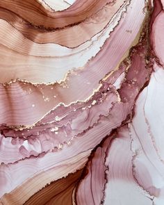 an abstract painting with pink, gold and white colors