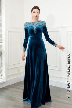 Velvet long sleeves beaded gown – LAHAVA Velvet Material Dress Design, Long Sleeve Modest Evening Gowns, Velvet Kurti, Beautiful Gown Designs, Maxi Frocks, Aw 2023, Modern Dresses, Sleeved Velvet Dress, Beaded Evening Gowns