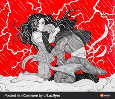 a drawing of a man and woman in the rain with lightning behind them, holding hands