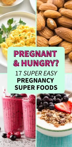 Healthy Pregnancy Snack Ideas: Superfoods You'll Actually WANT To Eat (images shows berries, yogurt, pregnant woman eating) Pregnancy Snack Ideas, Foods To Eat While Pregnant, Pregnancy Super Foods