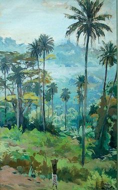 a painting of a person walking down a dirt road with palm trees in the background