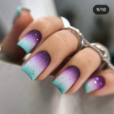 Purple And Teal Ombre Nails, Teal Ombre Nails, Jamaican Nail Designs, Purple And Teal Nails, Glitter Nails Art, Glitter Nail Ideas, Nails Art Tutorial, Airbrush Nail Art, Teal Nails