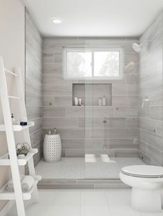 a white toilet sitting in a bathroom next to a shower and shelf filled with items