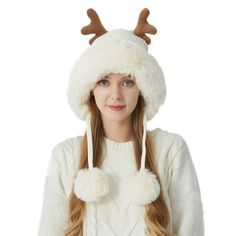 Color: White, Size: M Antler Hat, Beanie With Ears, Christmas Beanie, Ear Flap Hats, Wool Hat Knit, Winter Gear, Winter Hats Beanie, Faux Fur Pom Pom, Winter Beanie