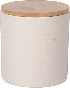 a white container with a wooden top on a white background and brown trim around the bottom